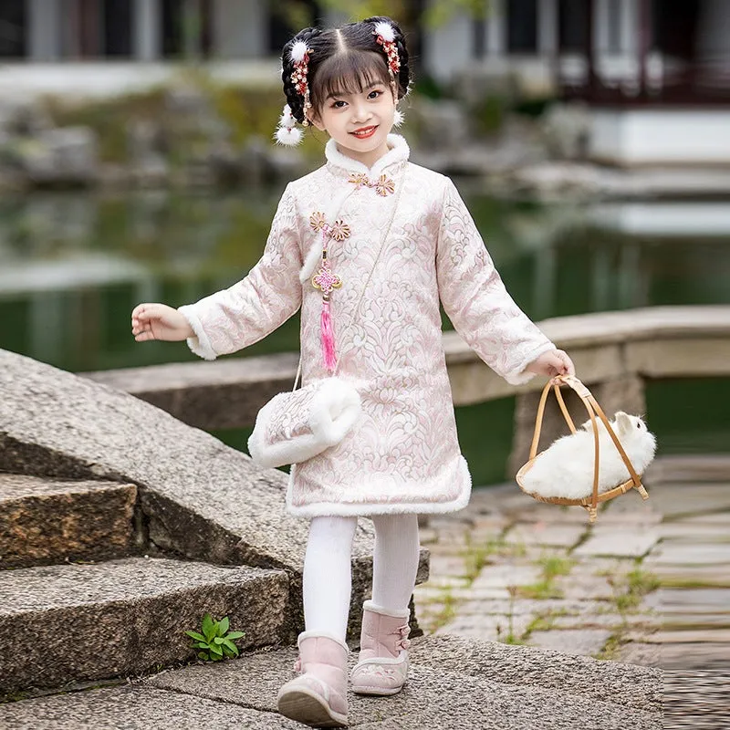 Floral Brocade Wadded Kid's Cheongsam Knee Length Chinese Dress