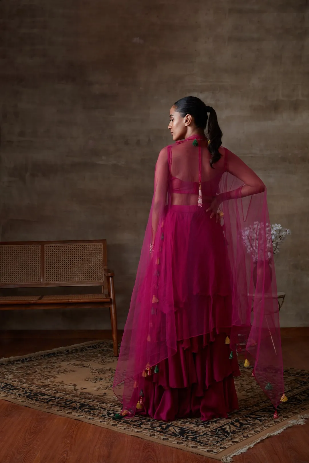 Fuchsia embroidered bustier with palazzo