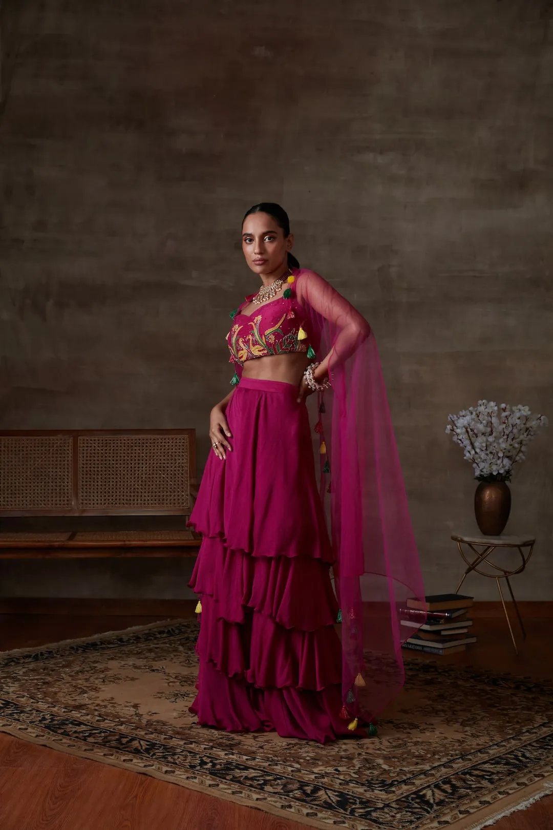 Fuchsia embroidered bustier with palazzo