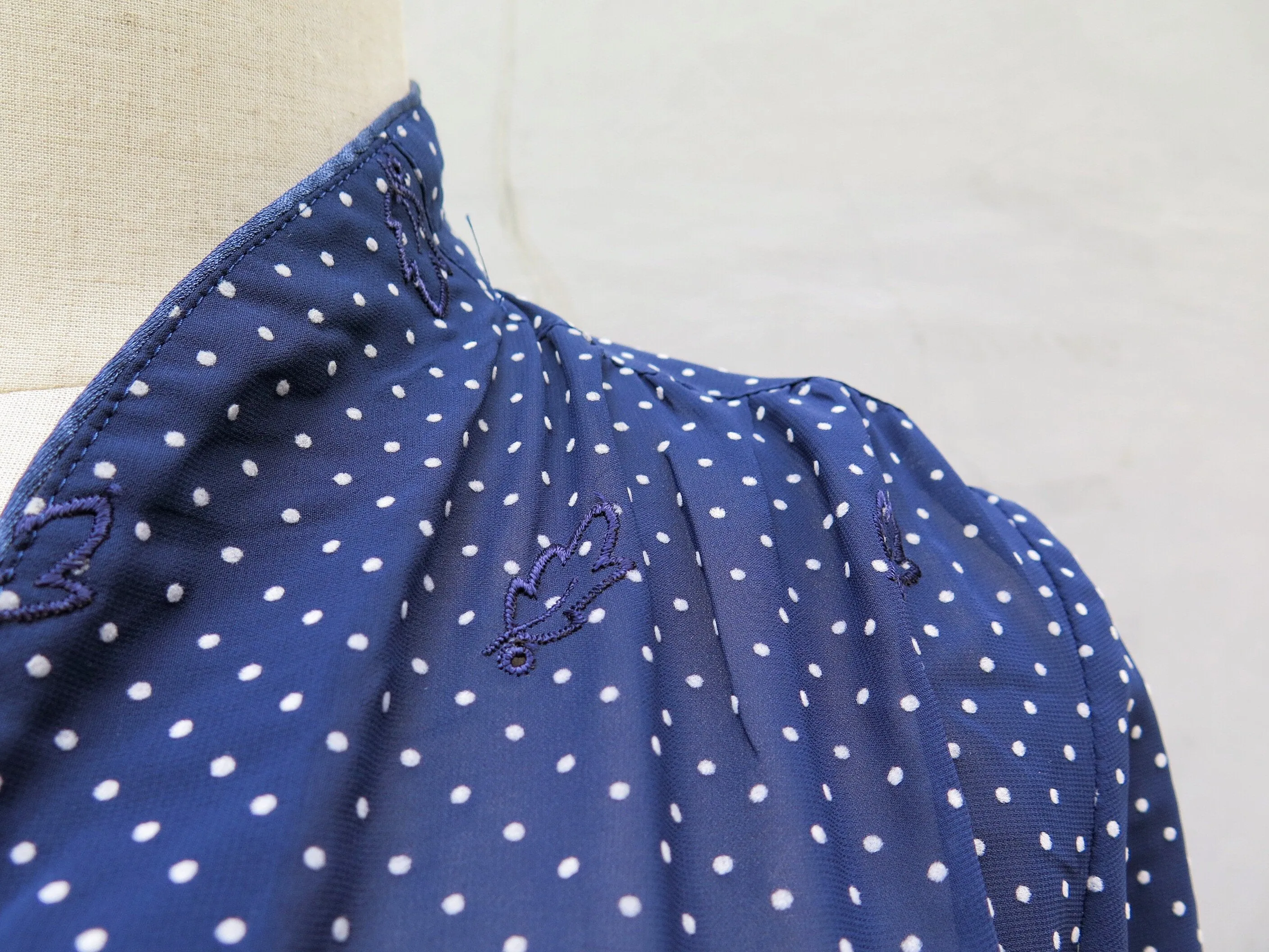 Gently into Dreams | Vintage 1940s navy polka dot Lace cutout micro-pleated Ethnic Day Dress