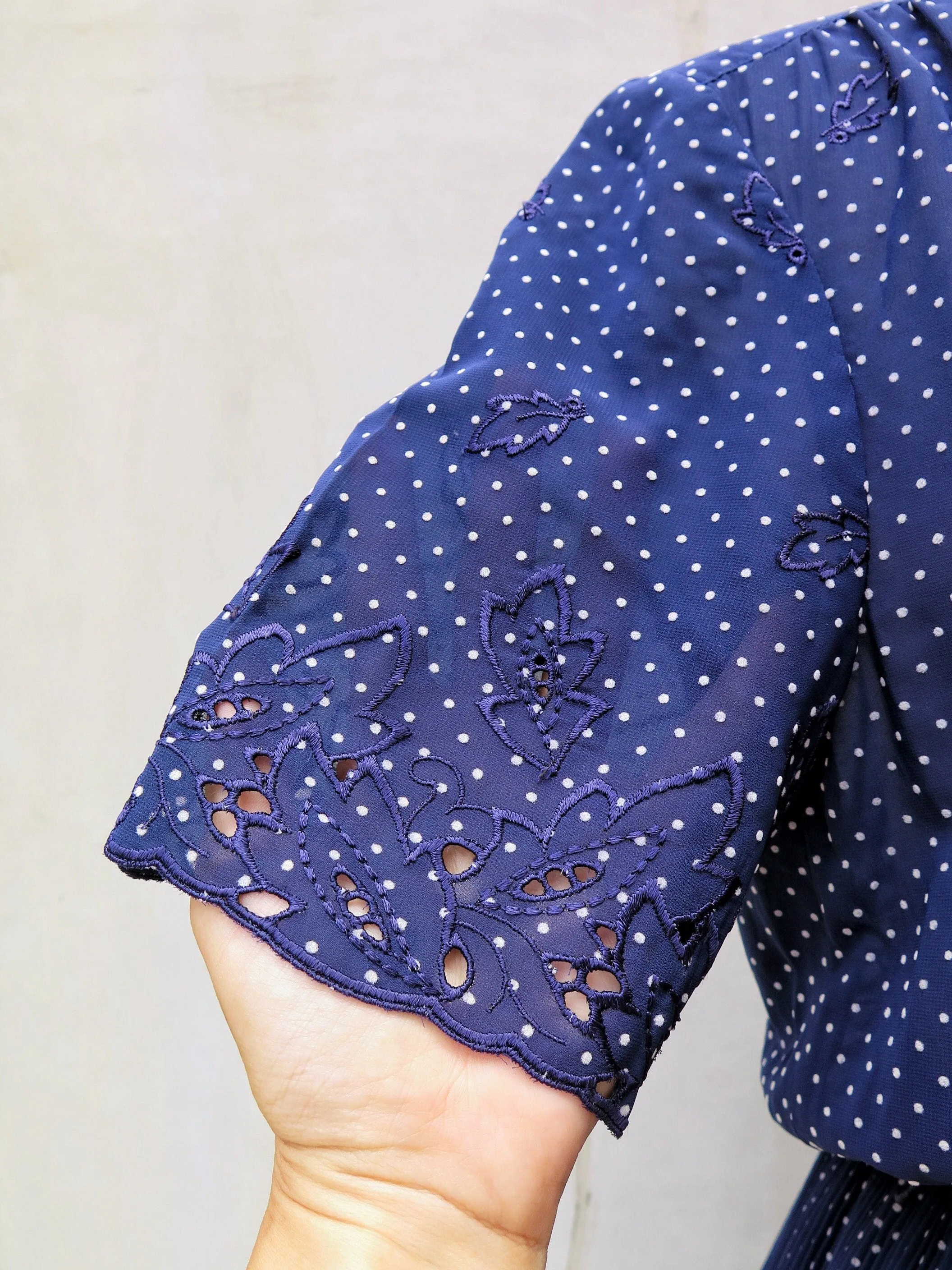 Gently into Dreams | Vintage 1940s navy polka dot Lace cutout micro-pleated Ethnic Day Dress