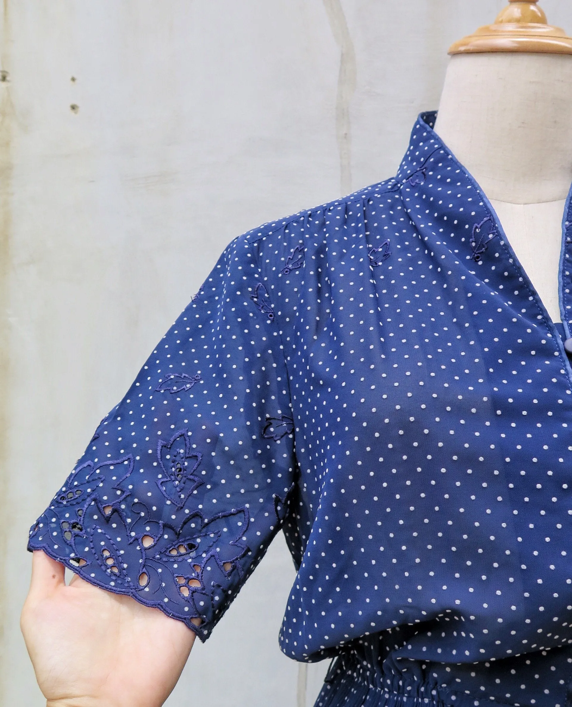 Gently into Dreams | Vintage 1940s navy polka dot Lace cutout micro-pleated Ethnic Day Dress