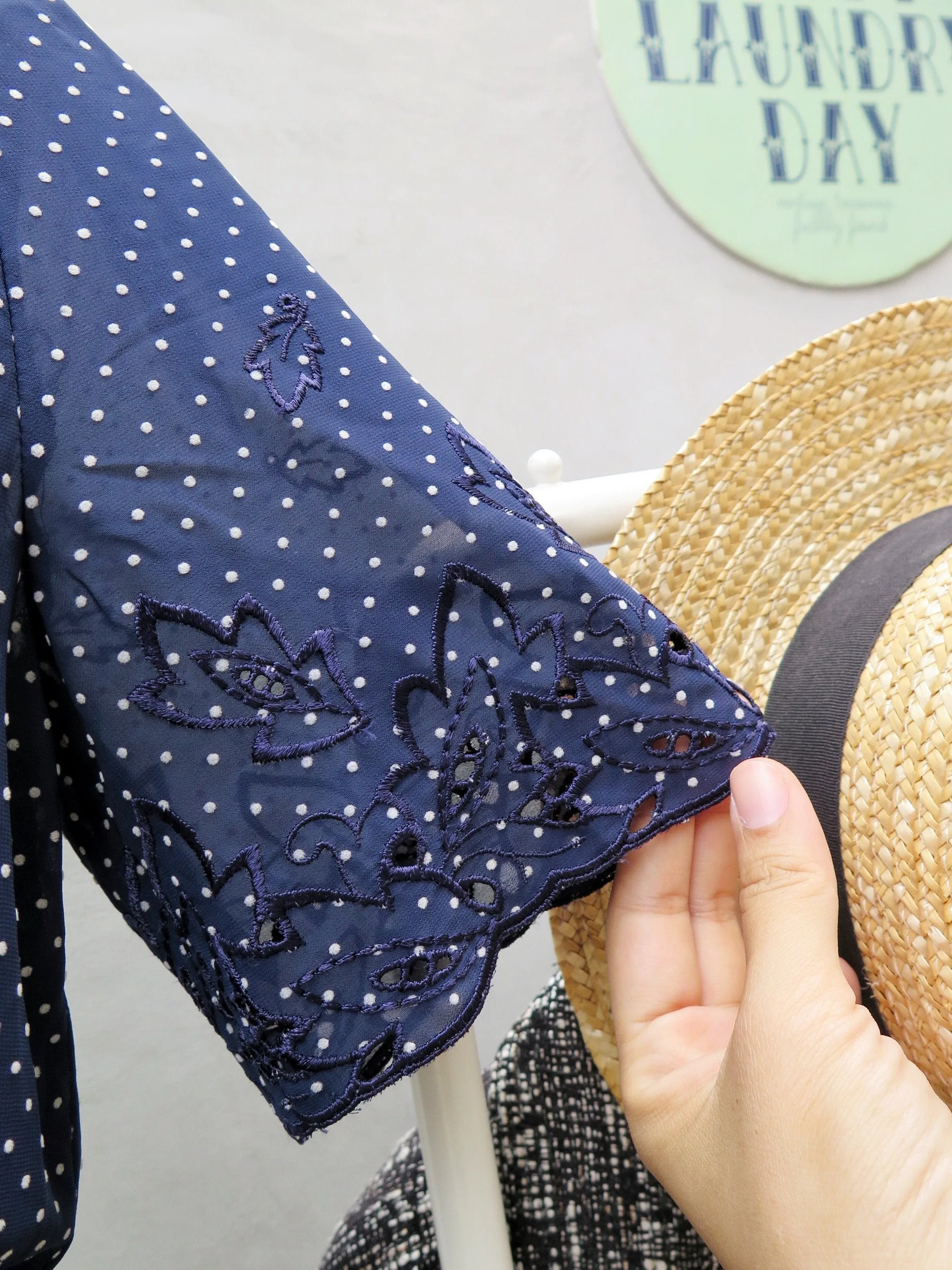 Gently into Dreams | Vintage 1940s navy polka dot Lace cutout micro-pleated Ethnic Day Dress