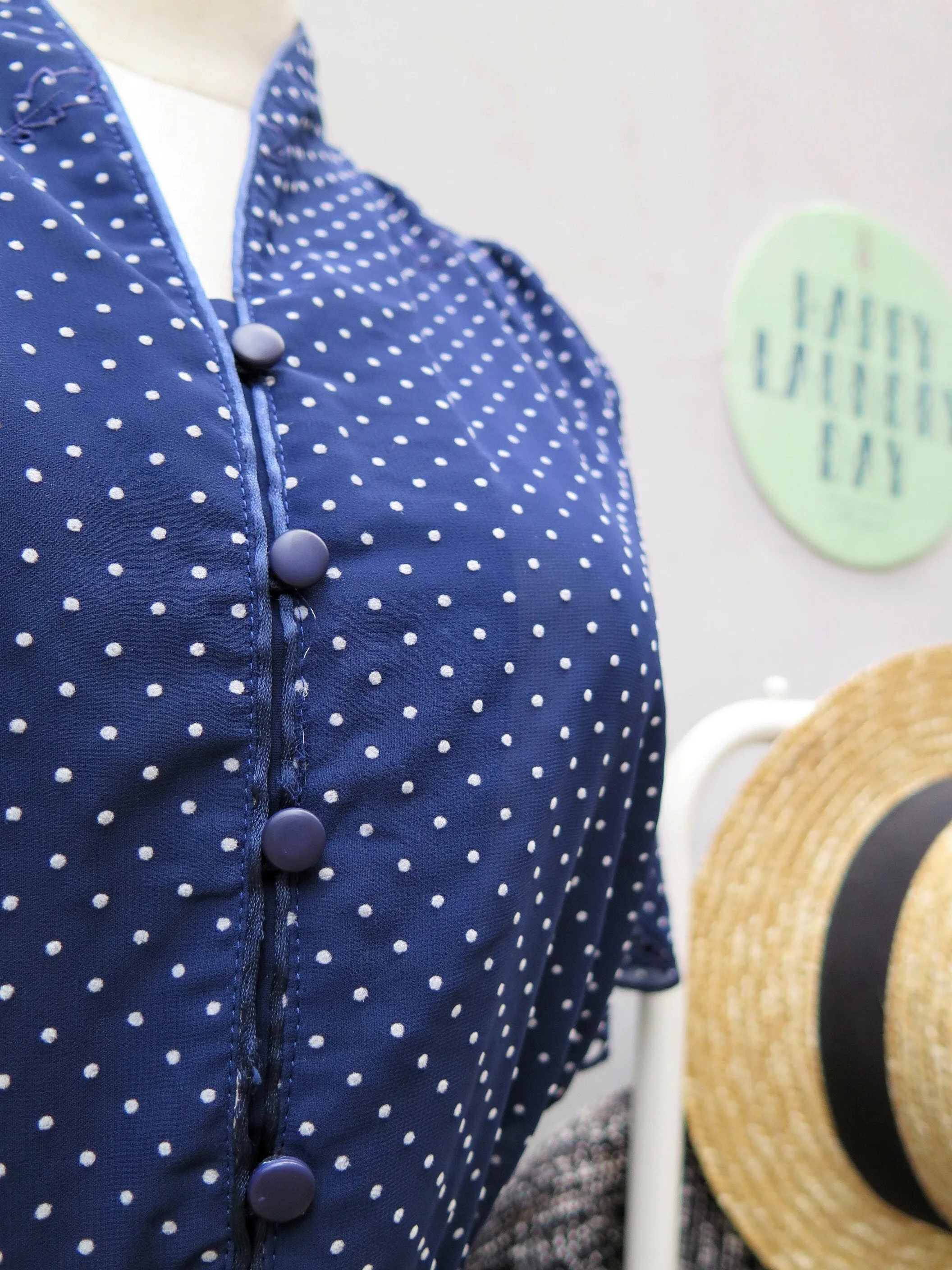 Gently into Dreams | Vintage 1940s navy polka dot Lace cutout micro-pleated Ethnic Day Dress
