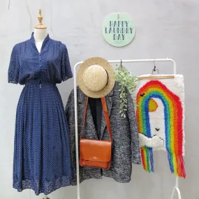 Gently into Dreams | Vintage 1940s navy polka dot Lace cutout micro-pleated Ethnic Day Dress