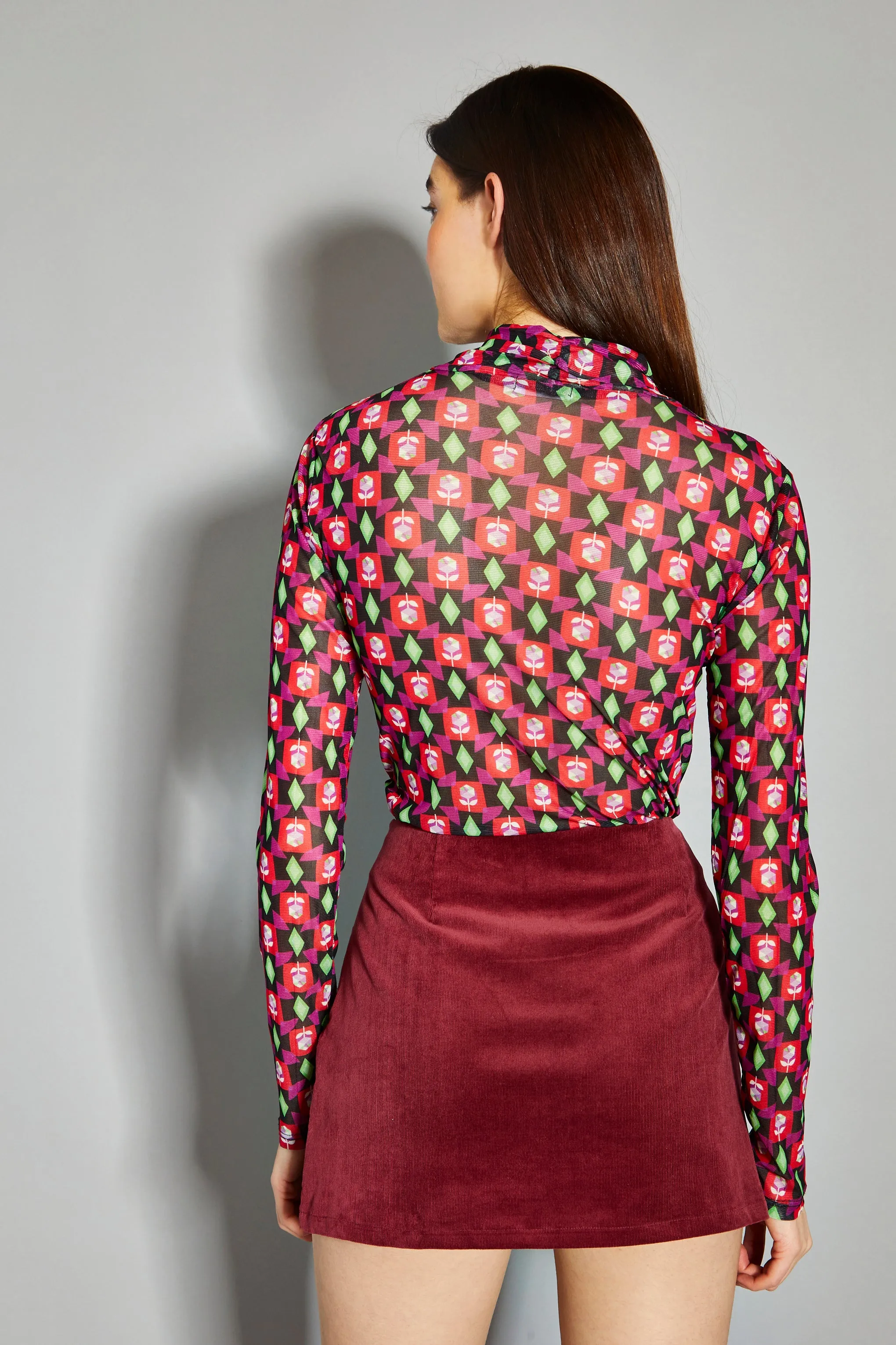 Glamorous Rose Multi Geo Print Mesh High Neck Bodysuit