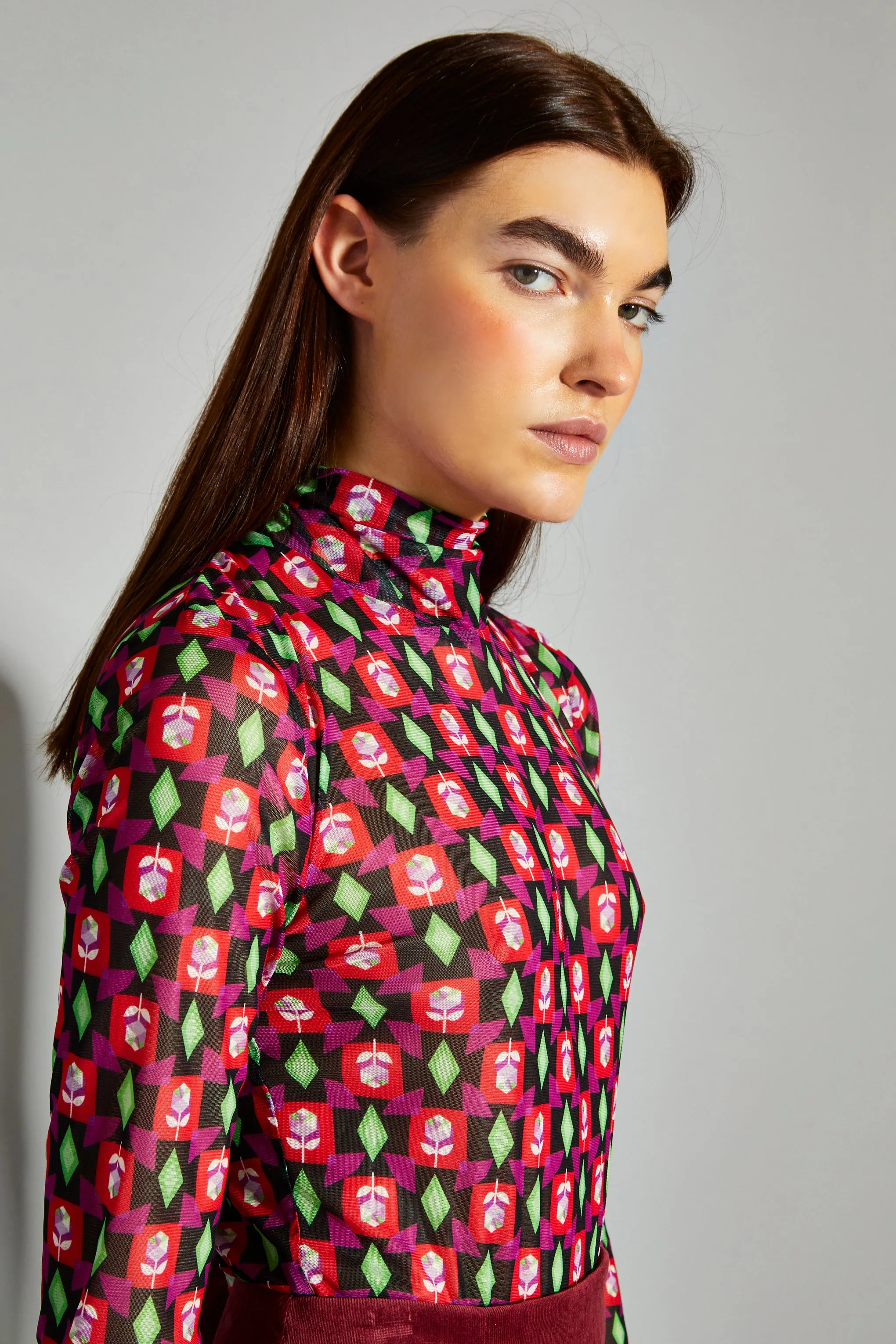 Glamorous Rose Multi Geo Print Mesh High Neck Bodysuit