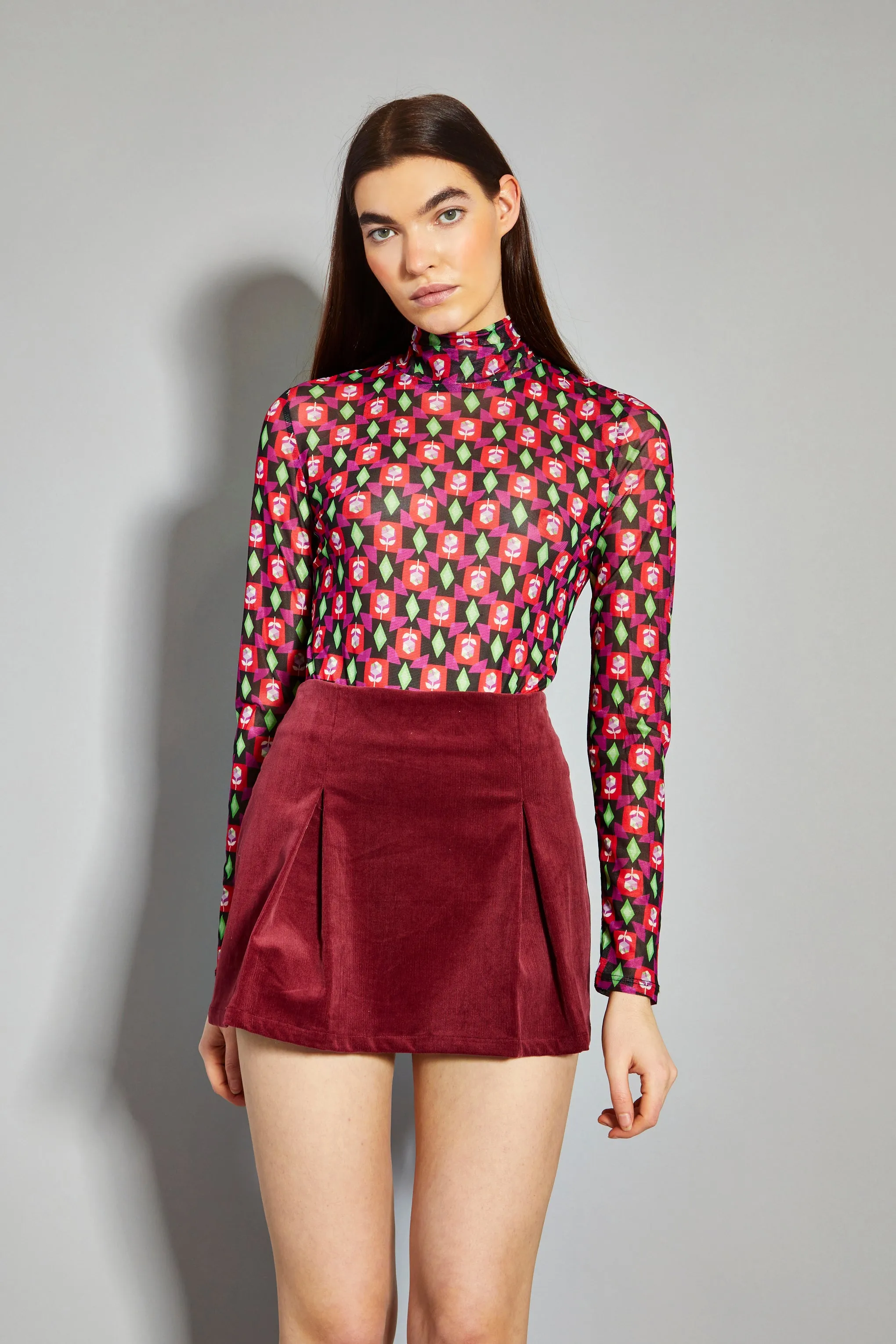 Glamorous Rose Multi Geo Print Mesh High Neck Bodysuit