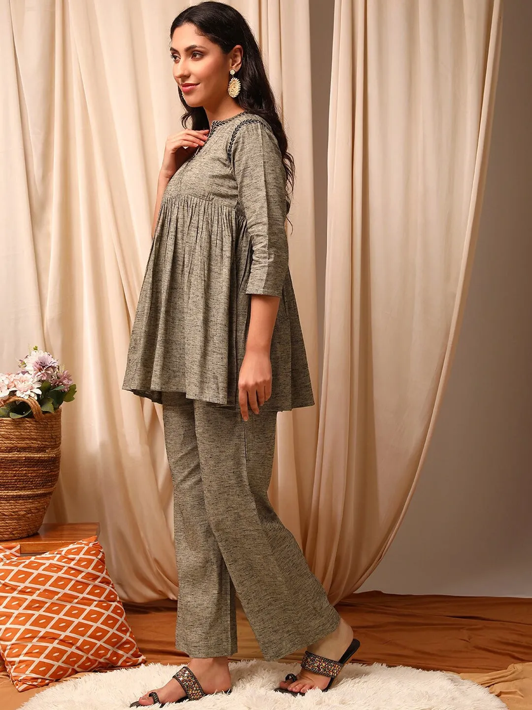 Grey V-Neck Pleated Cotton Tunic & Trousers Co-Ords