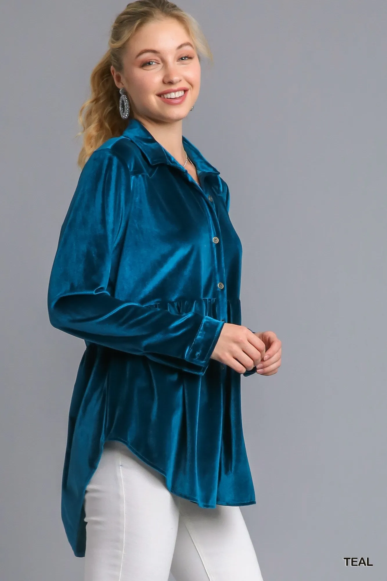 Helen Velvet Collar Button Down Long Sleeve Tunic Dress with High Low Hem - Teal