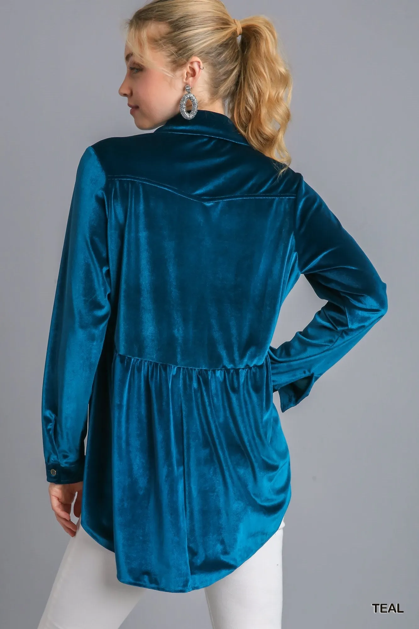 Helen Velvet Collar Button Down Long Sleeve Tunic Dress with High Low Hem - Teal