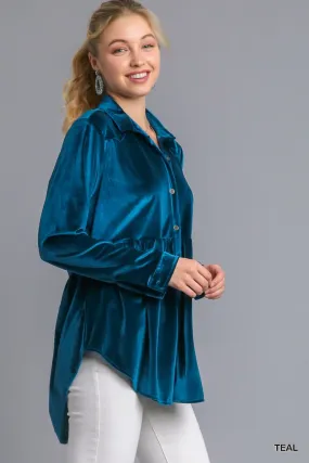 Helen Velvet Collar Button Down Long Sleeve Tunic Dress with High Low Hem - Teal