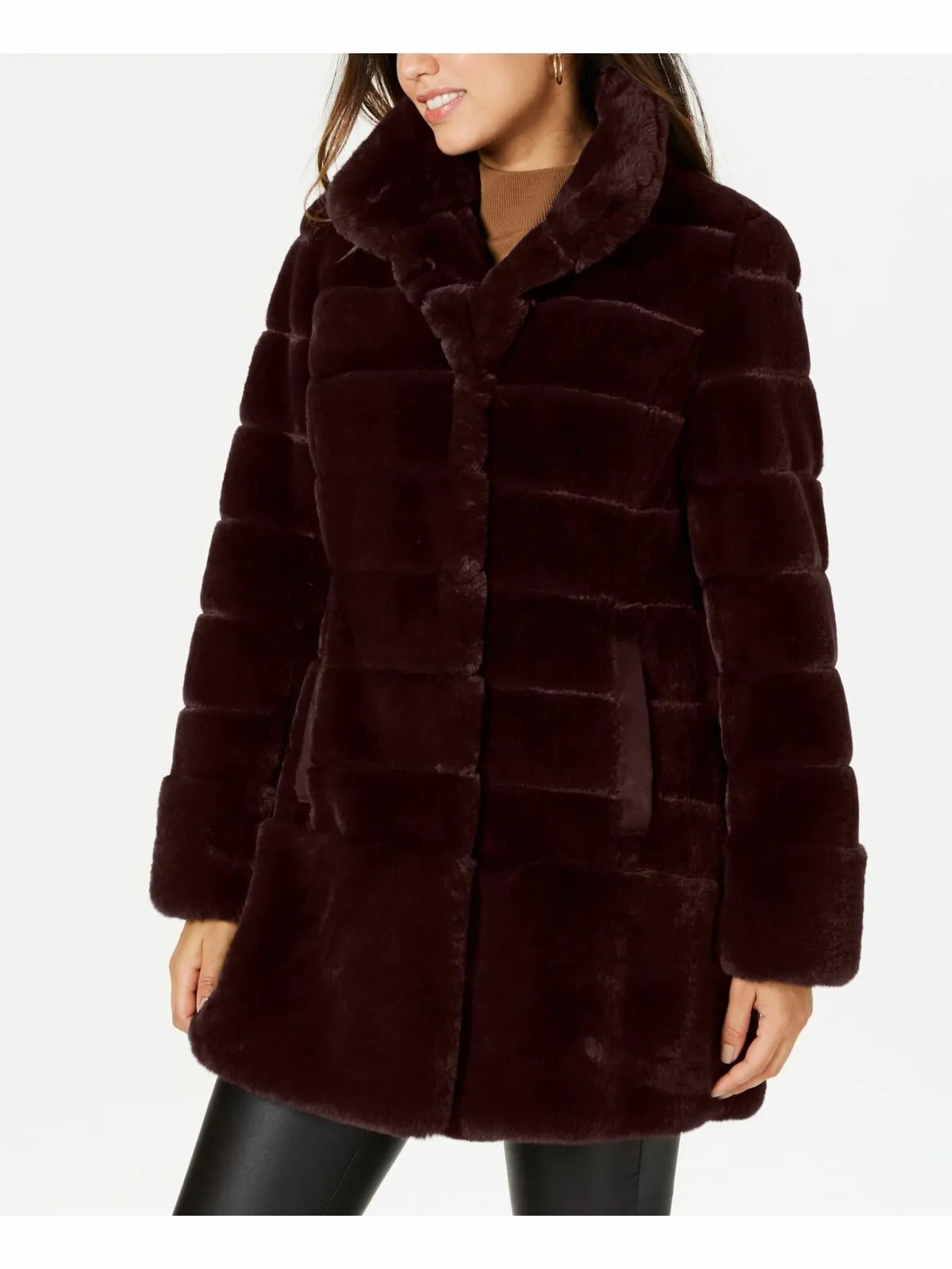 Jones New York Women’s Burgundy Faux Fur Stand Collar Coat    J29770X-ME Size XS