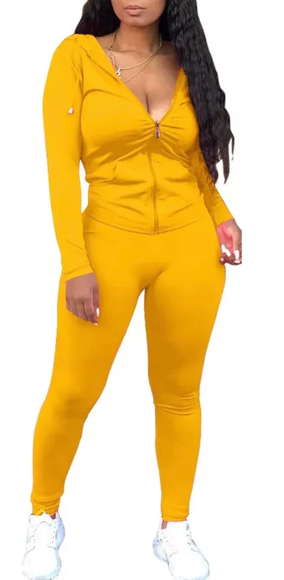 Ladies' 2-Piece Lightweight Long Sleeve Zip Jacket Hoodie Active Casual Elastic Sports Suit