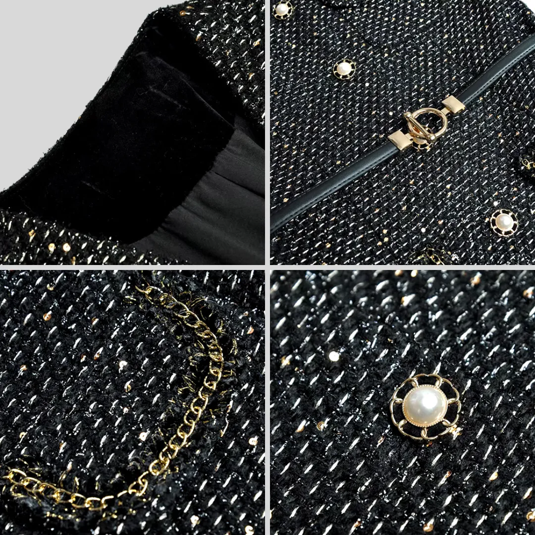 Long Sleeve Tweed Dress - Black