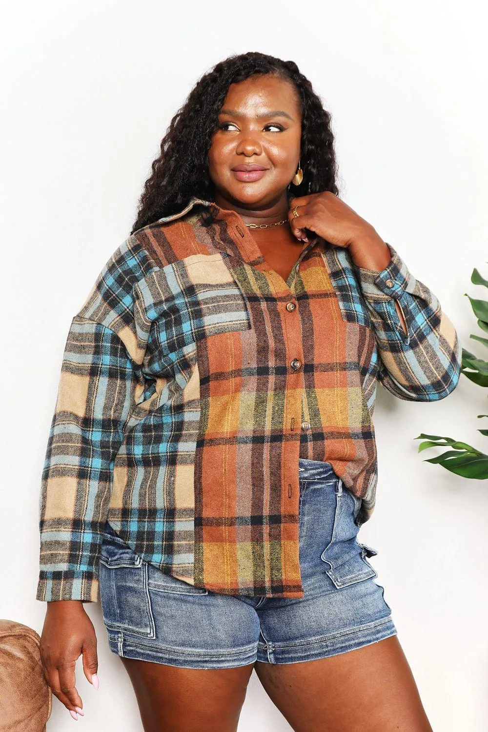 Long Sleeves Curved Hem Plus Size Plaid Shacket