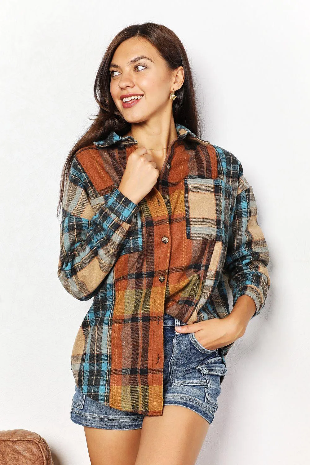 Long Sleeves Curved Hem Plus Size Plaid Shacket