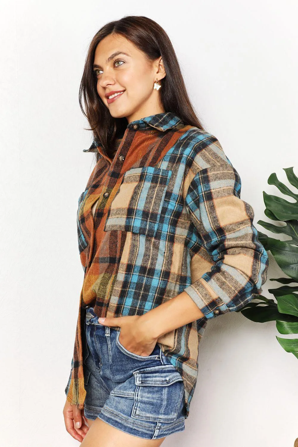 Long Sleeves Curved Hem Plus Size Plaid Shacket