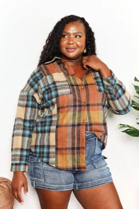 Long Sleeves Curved Hem Plus Size Plaid Shacket