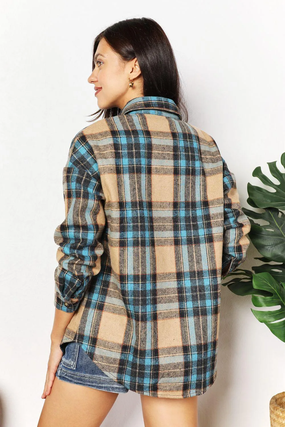 Long Sleeves Curved Hem Plus Size Plaid Shacket