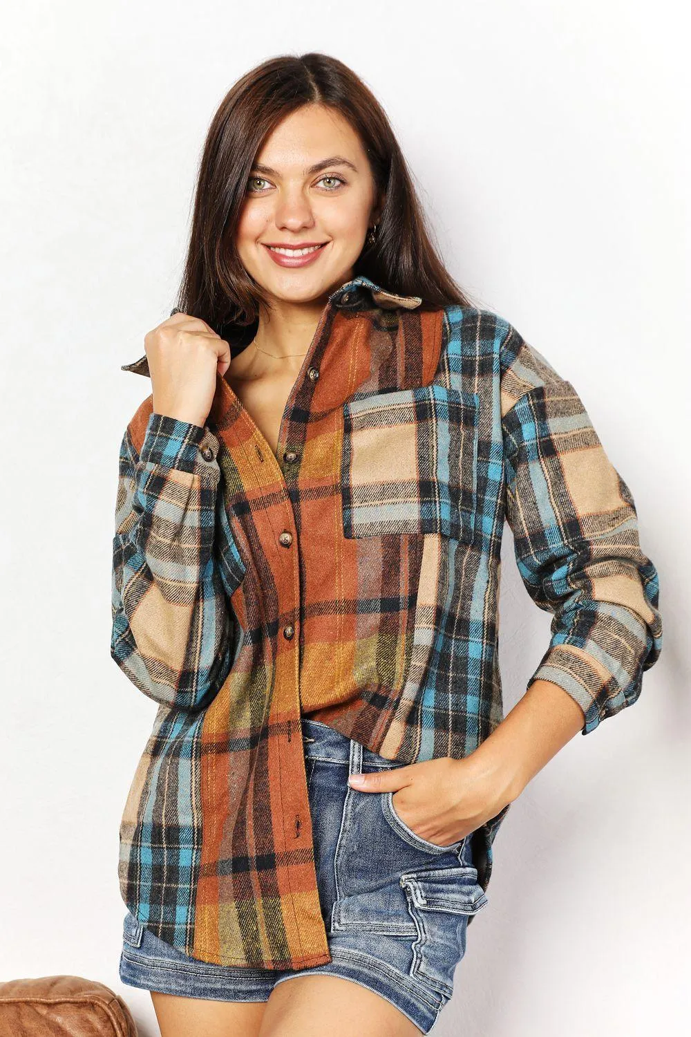 Long Sleeves Curved Hem Plus Size Plaid Shacket