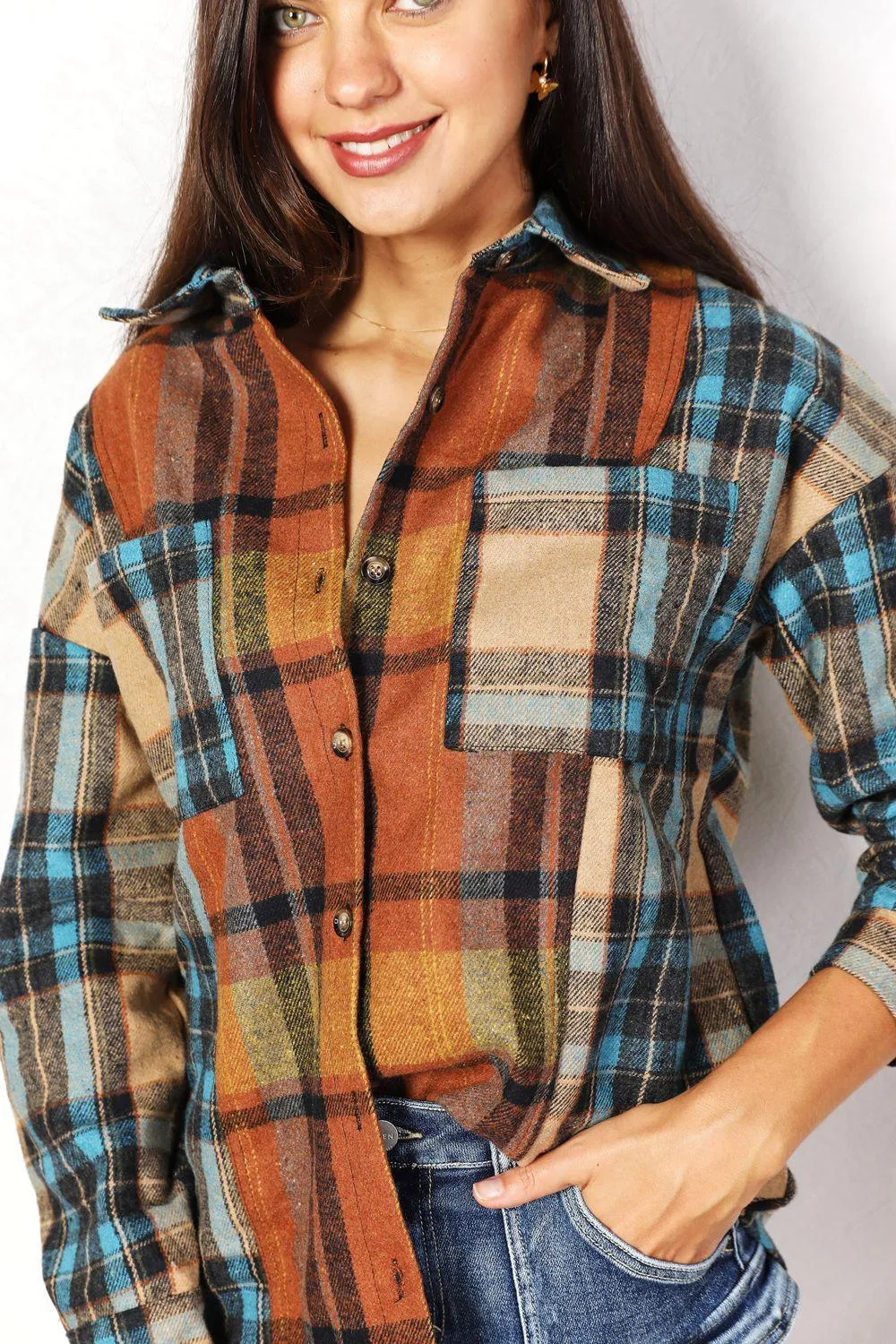 Long Sleeves Curved Hem Plus Size Plaid Shacket