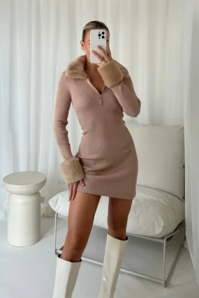 Marnie beige faux fur ribbed dress