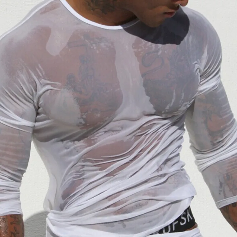 Men Rave T Shirt Men's Mesh Long Sleeve T-shirt Sexy Long Sleeve