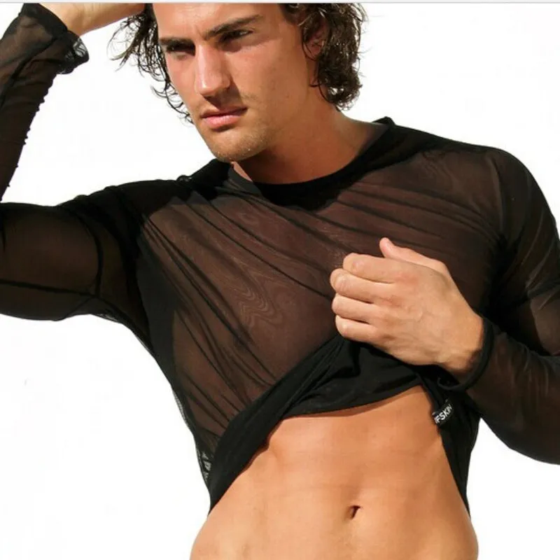 Men Rave T Shirt Men's Mesh Long Sleeve T-shirt Sexy Long Sleeve
