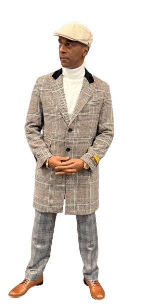 Mens Brown Color Plaid Overcoat