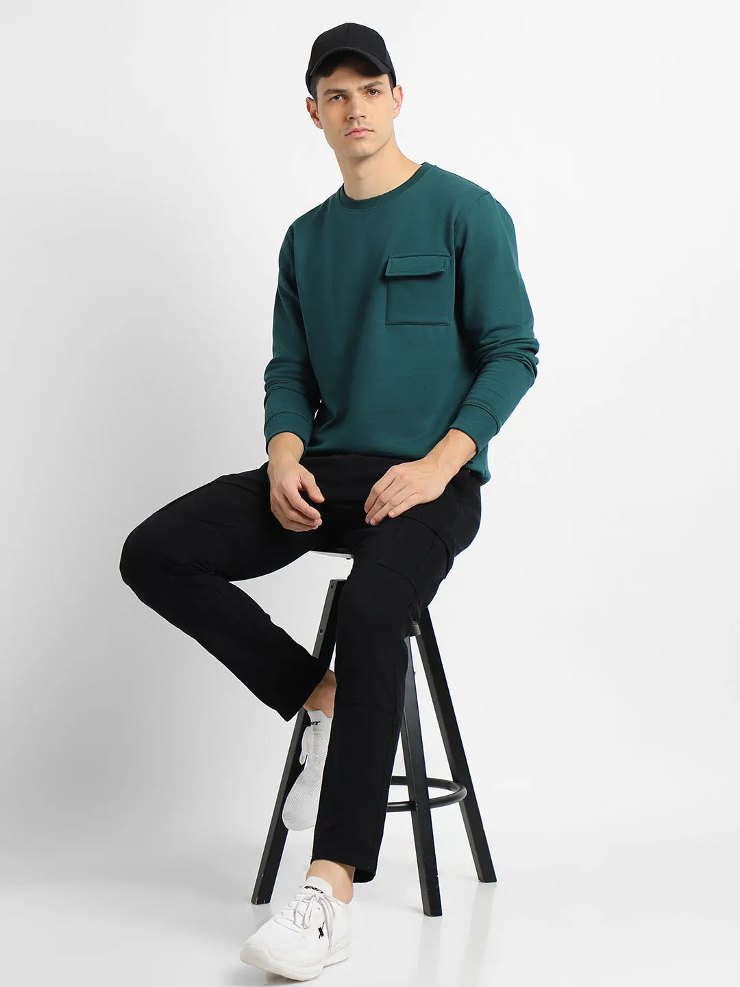 Men's Mock Neck Regular Fit Solid Patch Pocket Teal Sweatshirt