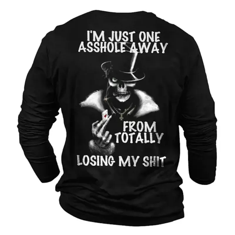 Men's Skull Poker Print Long Sleeve Cotton T-Shirt