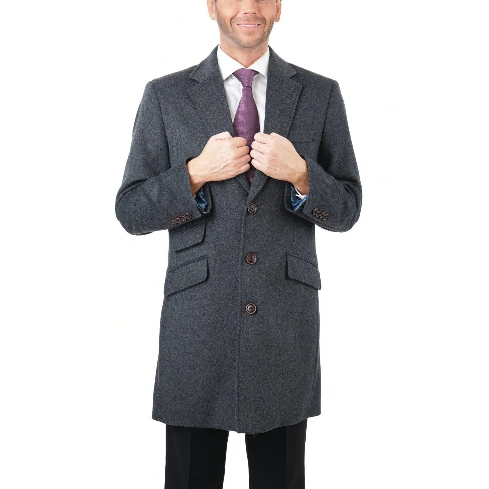 Men's Wool Cashmere Single Breasted Charcoal 3/4 Length Car Coat Top Coat