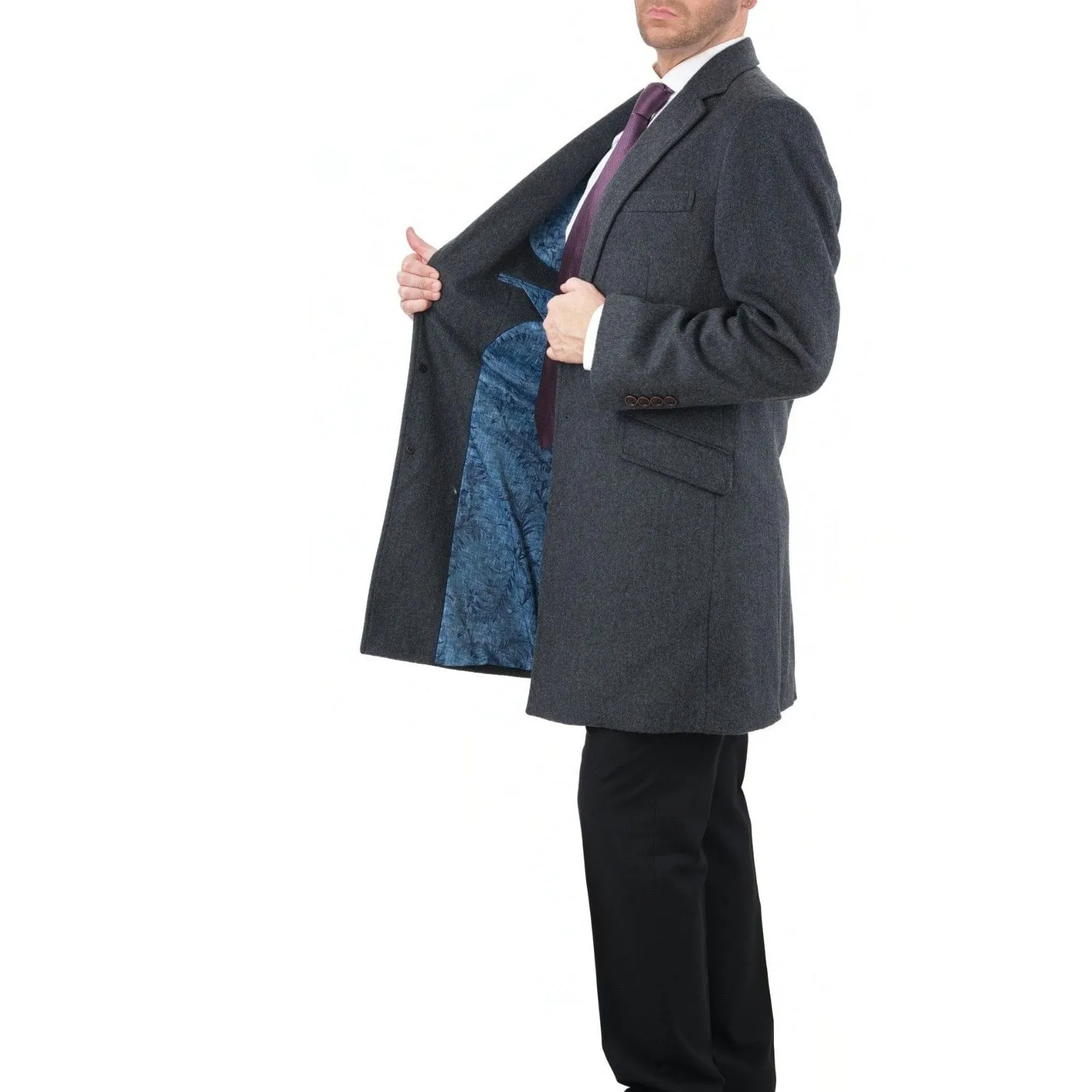 Men's Wool Cashmere Single Breasted Charcoal 3/4 Length Car Coat Top Coat