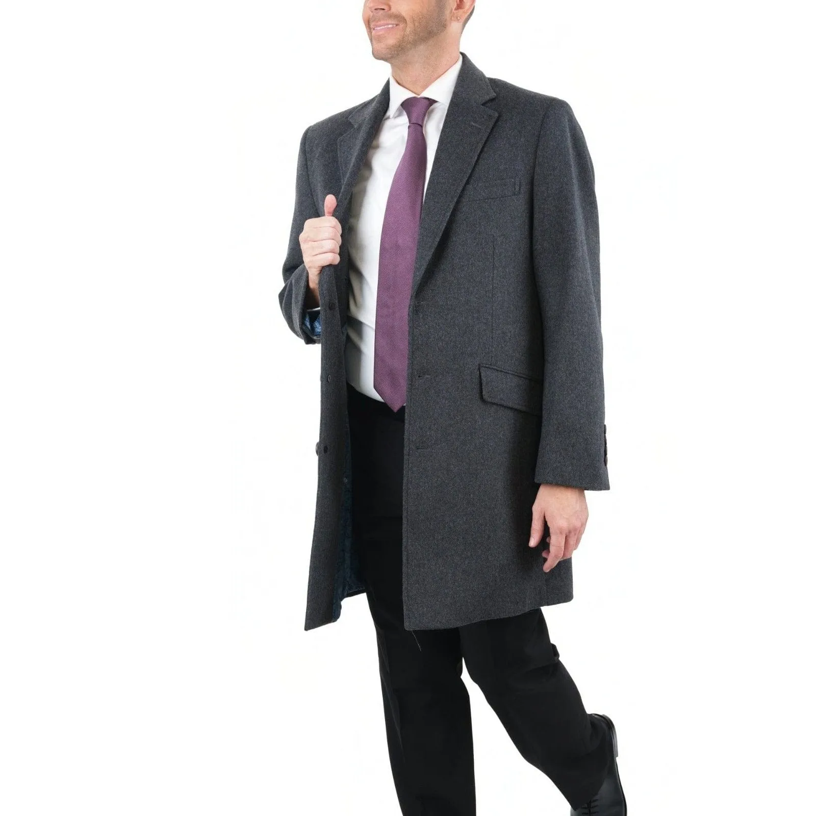 Men's Wool Cashmere Single Breasted Charcoal 3/4 Length Car Coat Top Coat