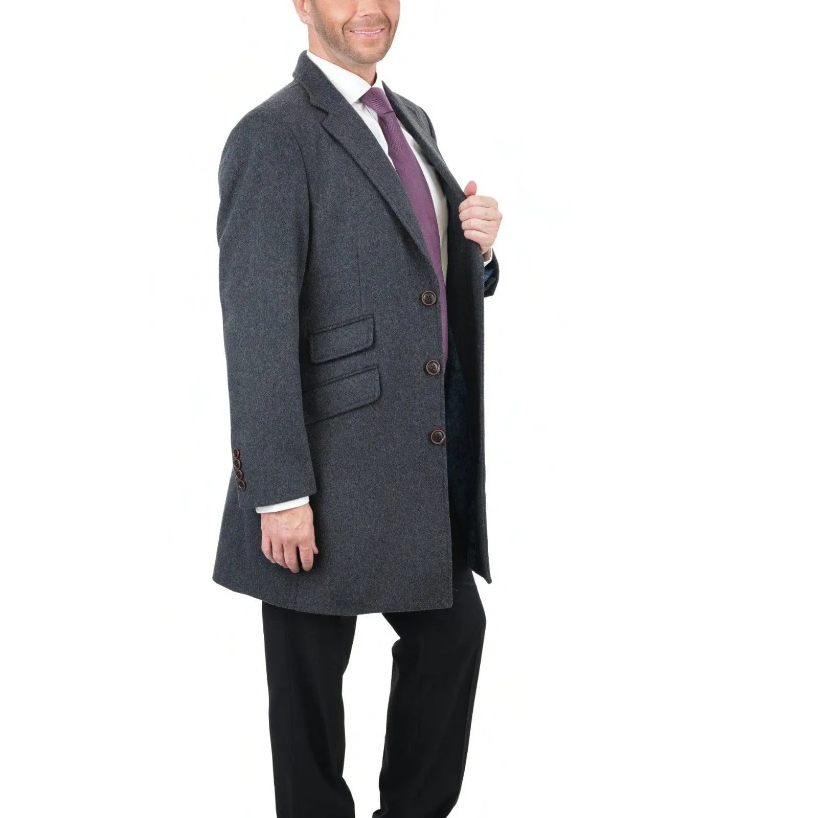 Men's Wool Cashmere Single Breasted Charcoal 3/4 Length Car Coat Top Coat