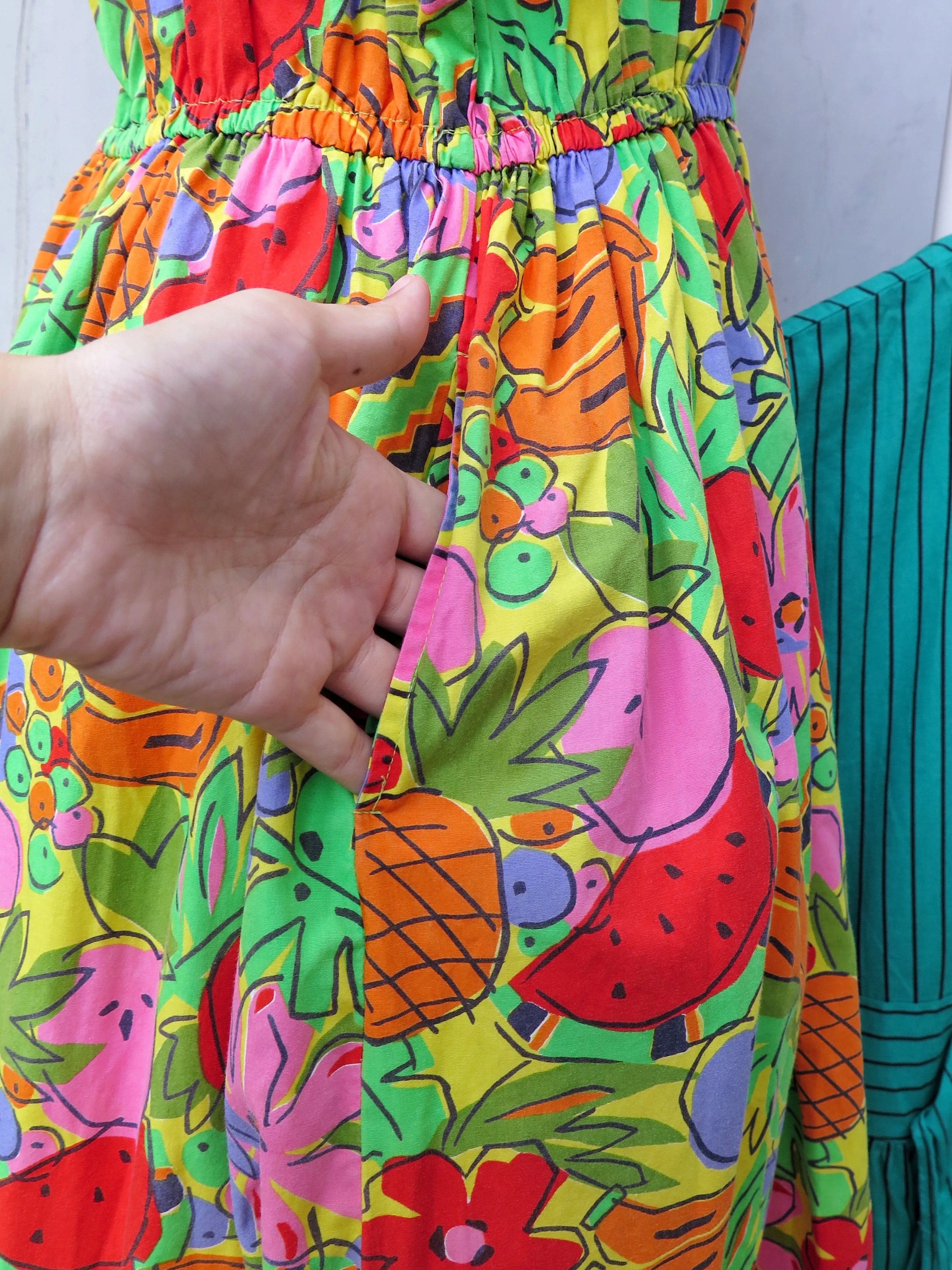 Must Have | Sashya | Vintage 1980s fun tropical fruit pina colada fruitti tutti colourful print dress