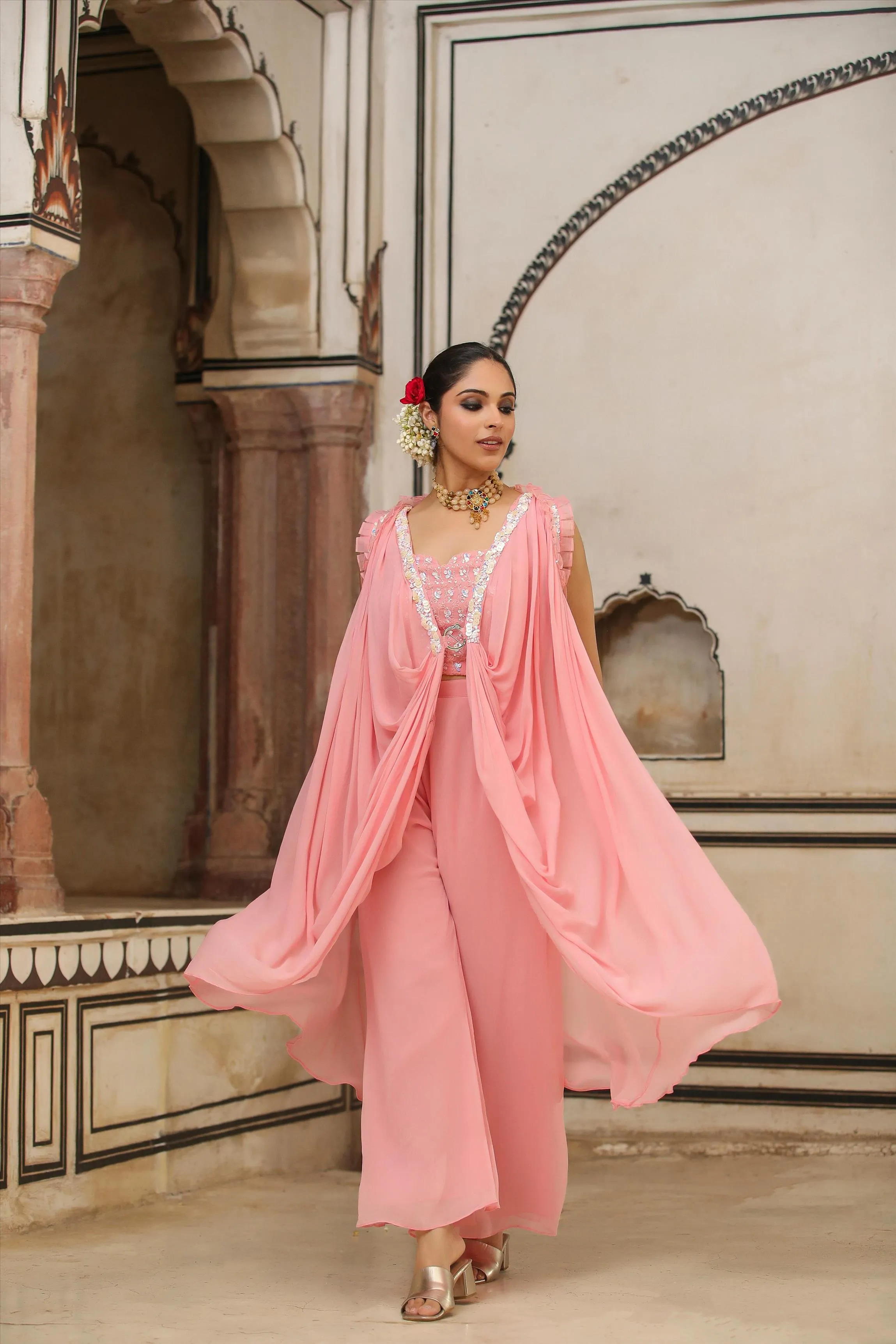 Peach Georgette Embellished Crop Top-Palazzo & Cowl Cape