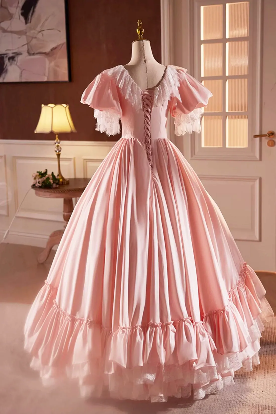 Pink Satin Lace Long Prom Dress, Pink Short Sleeve Evening Party Dress