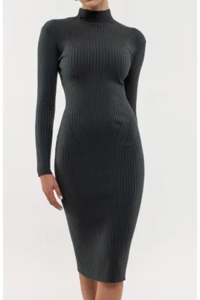 Ramie Ribbed Mock Neck Knit Midi Dress