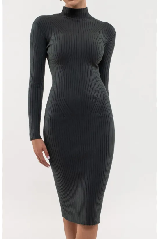Ramie Ribbed Mock Neck Knit Midi Dress
