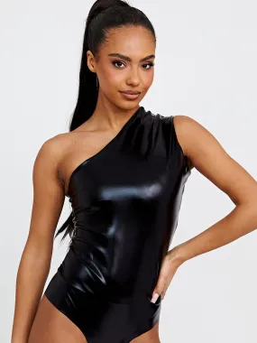 Shania Metallic One Shoulder Bodysuit In Black