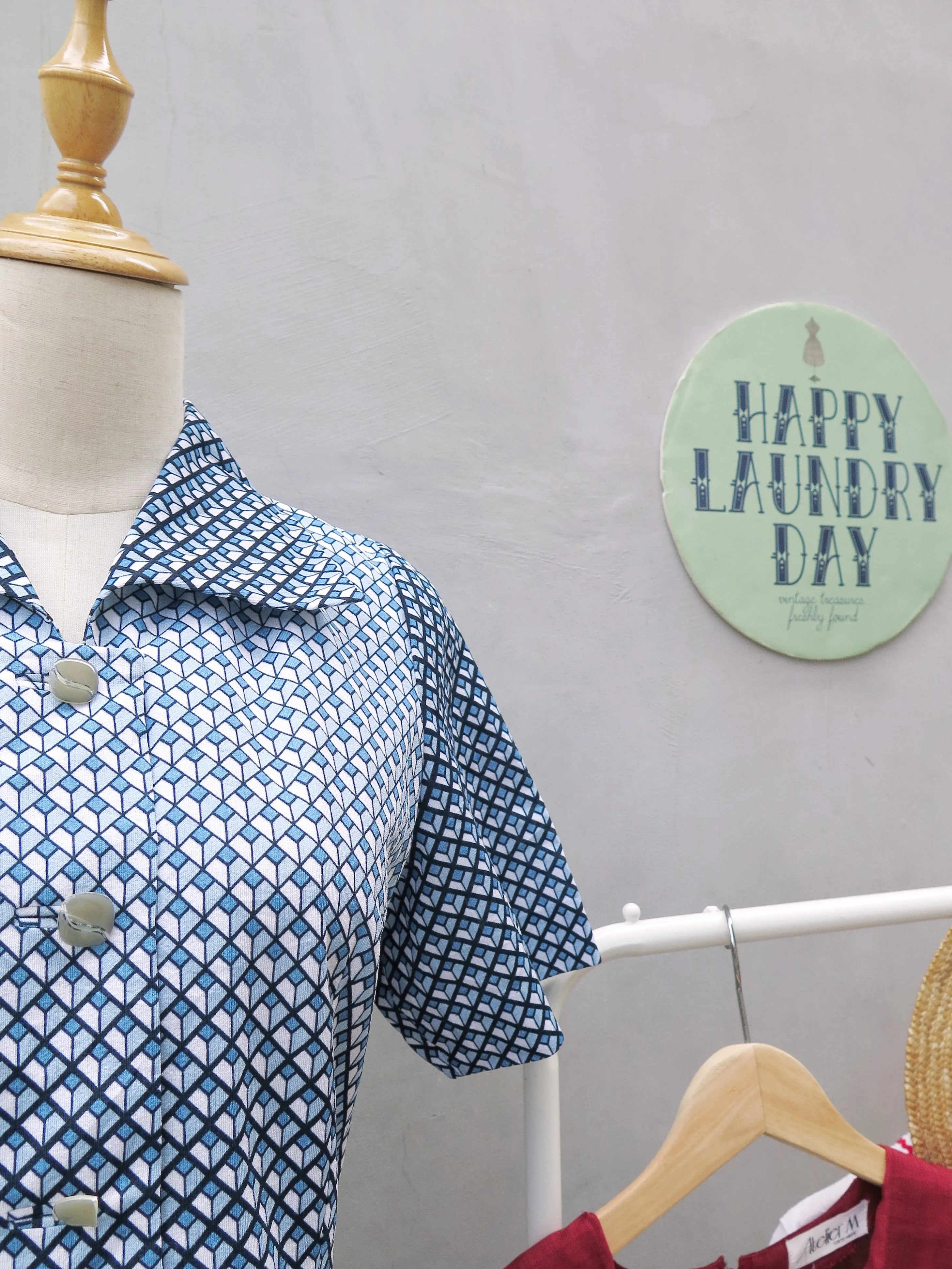 Teresa | Vintage 1950s 1960s Teal blue diamond geometric print dress