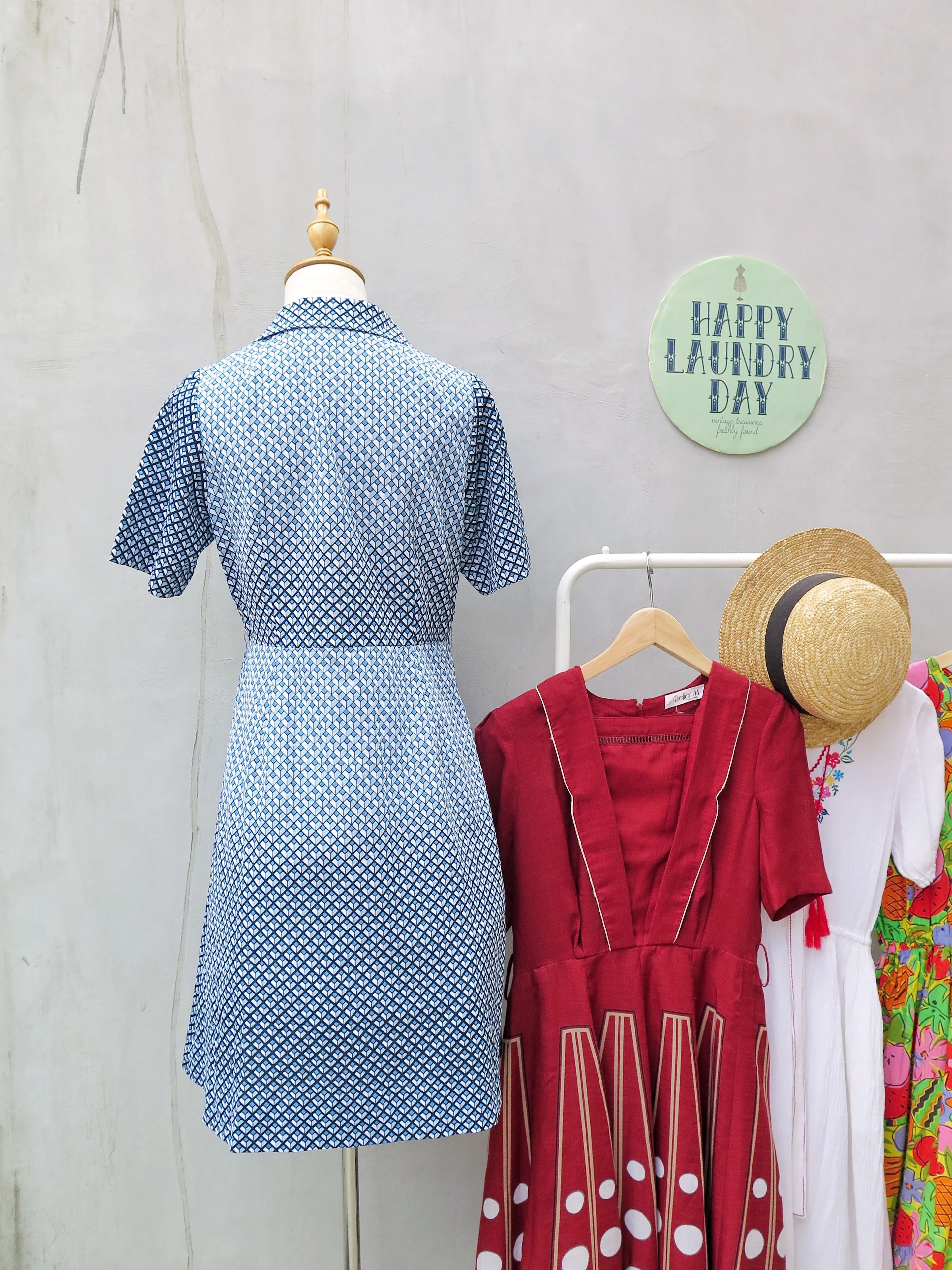 Teresa | Vintage 1950s 1960s Teal blue diamond geometric print dress