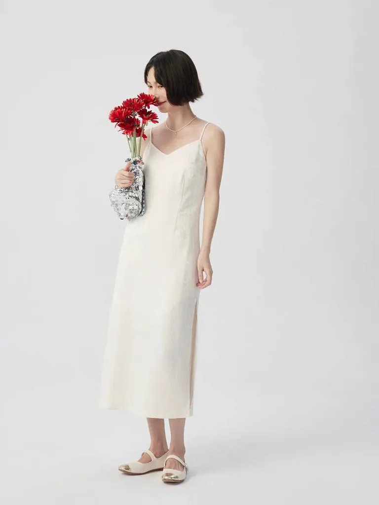 Textured Cami Slit Slip Dress in Cream