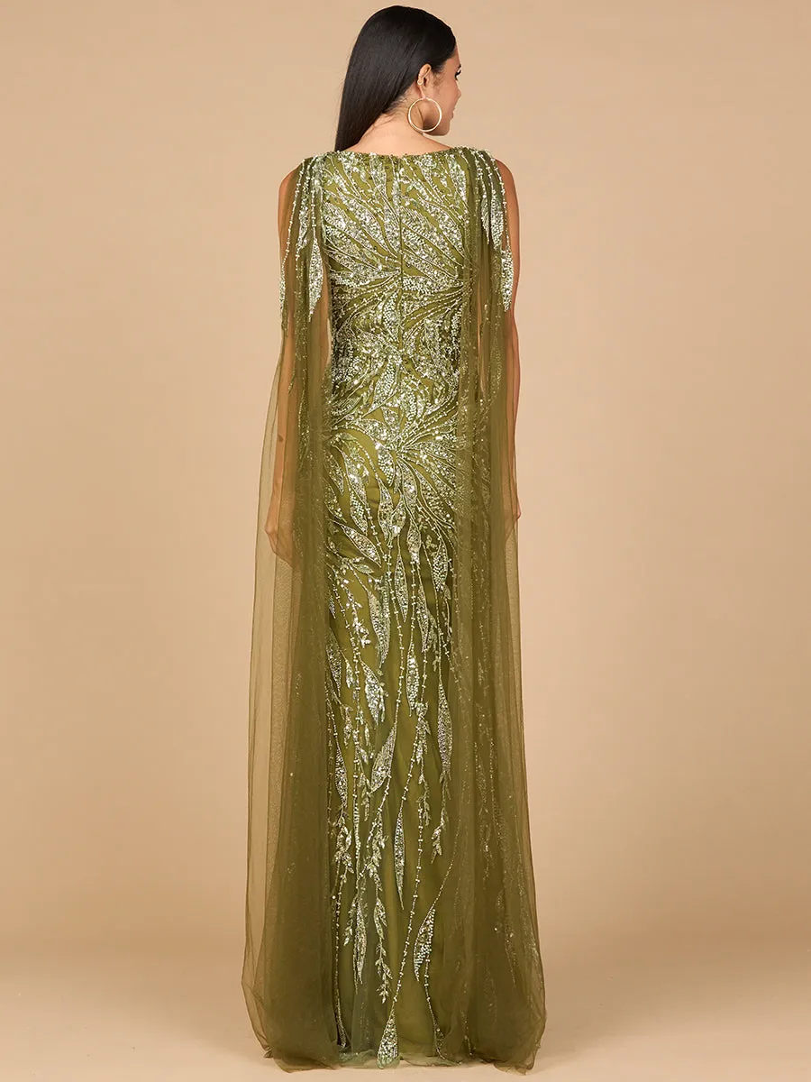 V-Neck Gown with Long Cape Sleeves