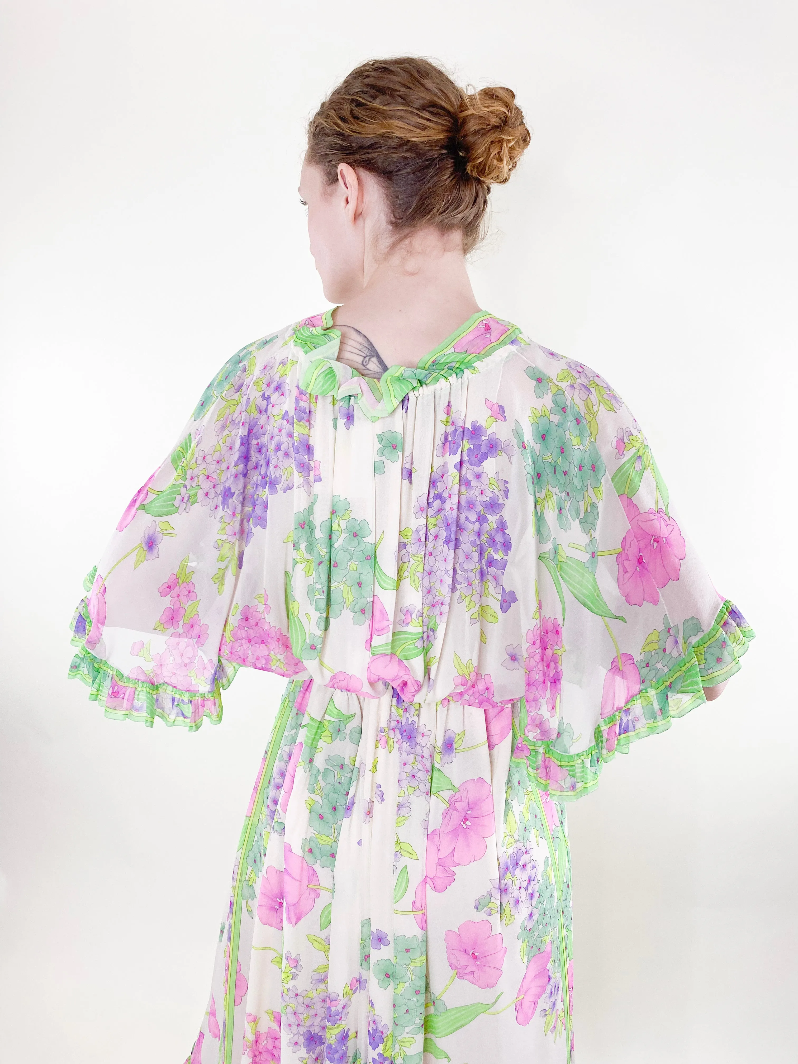 Vintage Leonard Silk Chiffon Ruffled Floral Dress