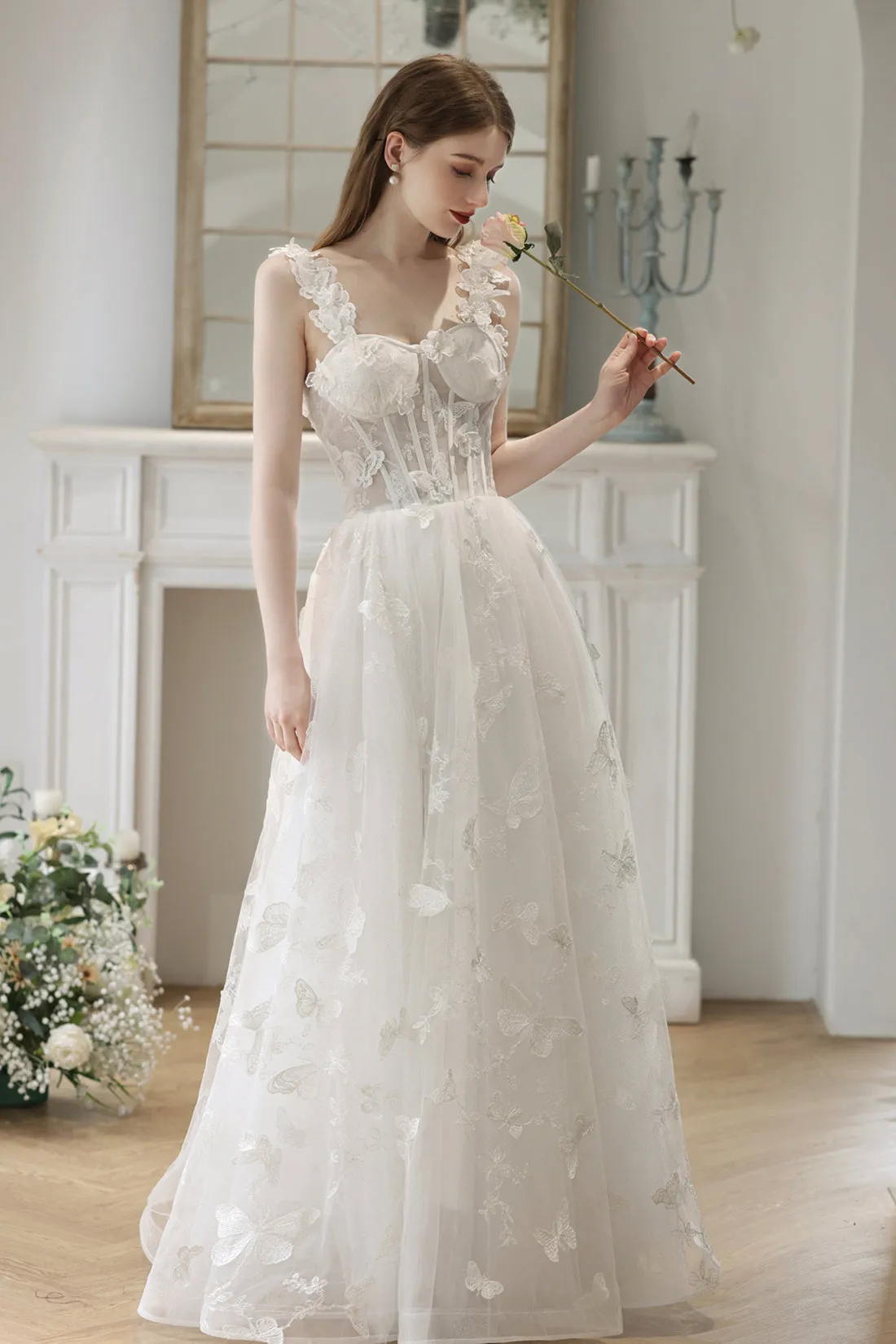 White Lace with Butterflies Long Formal Dress, White Prom Dress