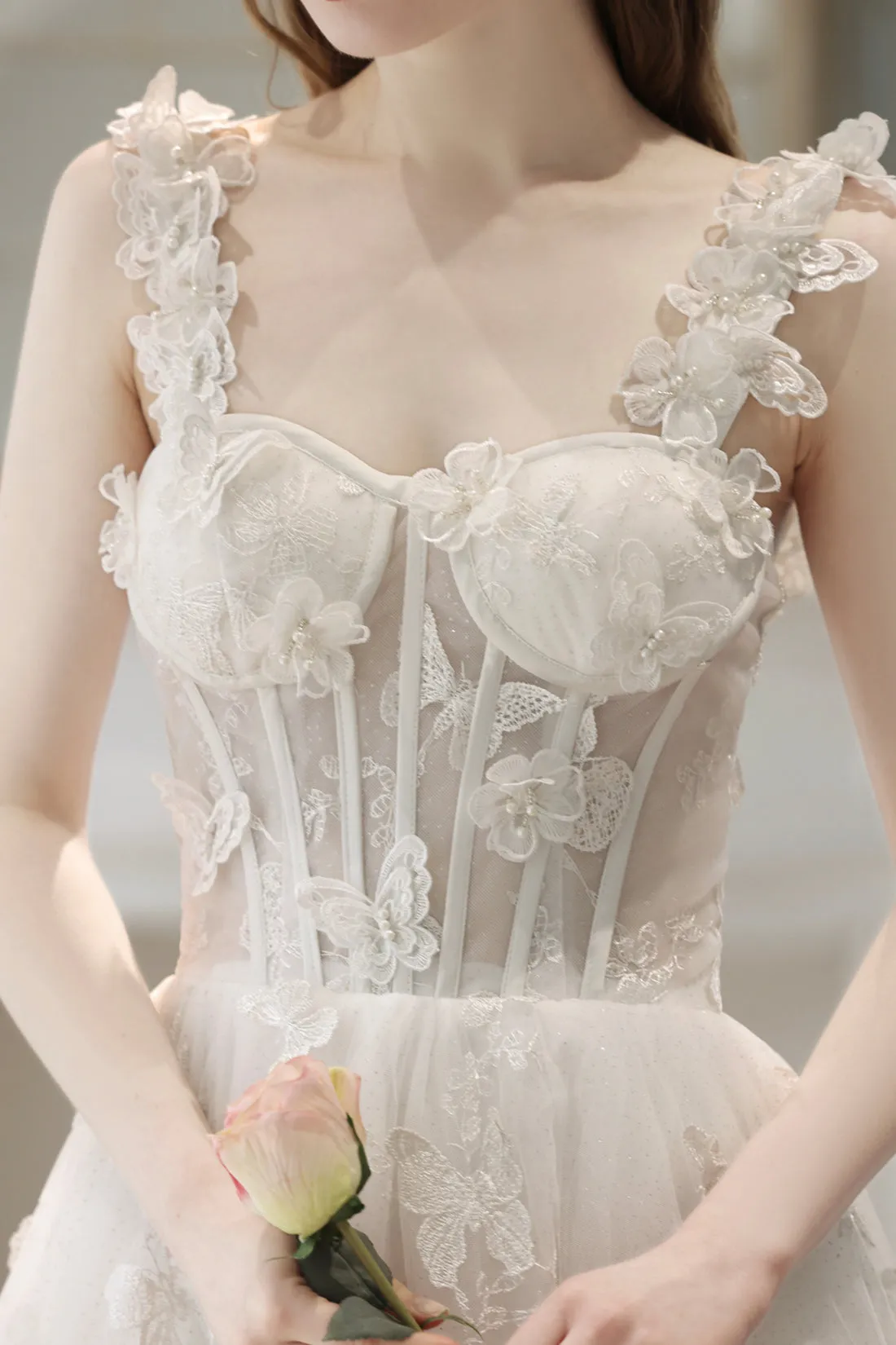 White Lace with Butterflies Long Formal Dress, White Prom Dress