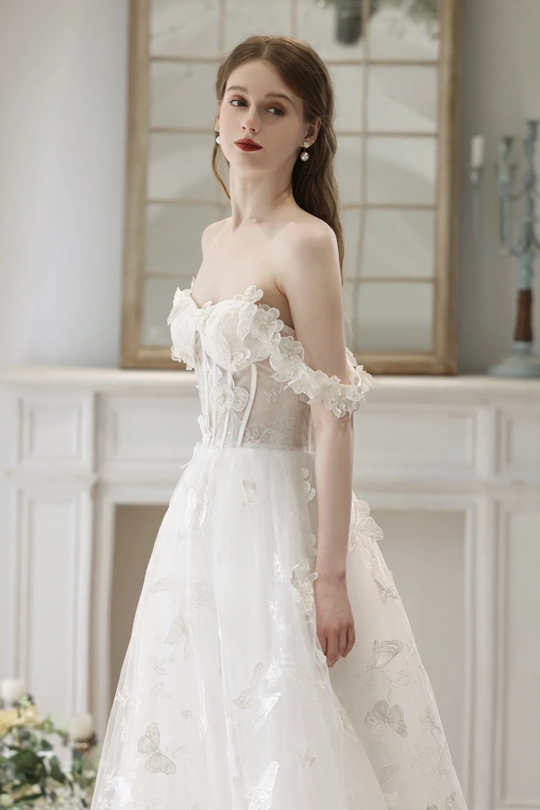 White Lace with Butterflies Long Formal Dress, White Prom Dress